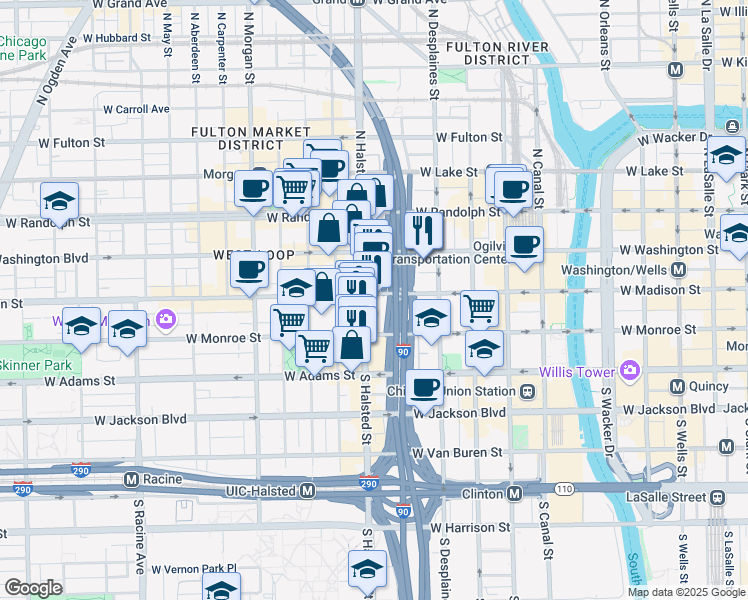 map of restaurants, bars, coffee shops, grocery stores, and more near 739 West Madison Street in Chicago