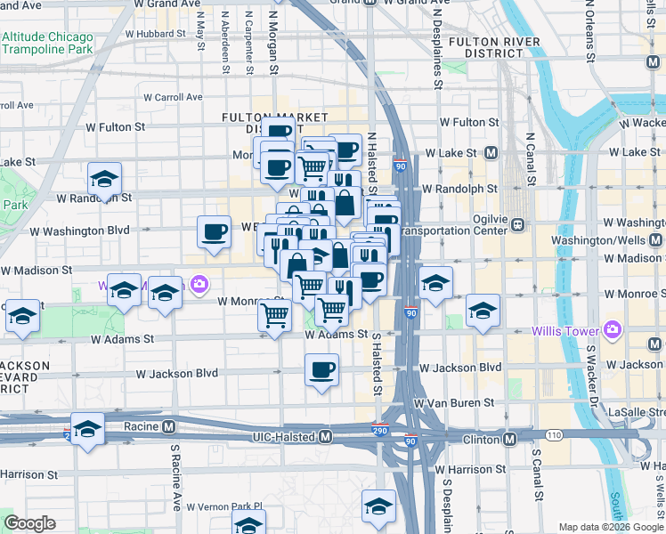 map of restaurants, bars, coffee shops, grocery stores, and more near 855 West Madison Street in Chicago