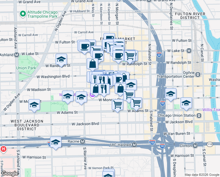map of restaurants, bars, coffee shops, grocery stores, and more near 1051 West Madison Street in Chicago