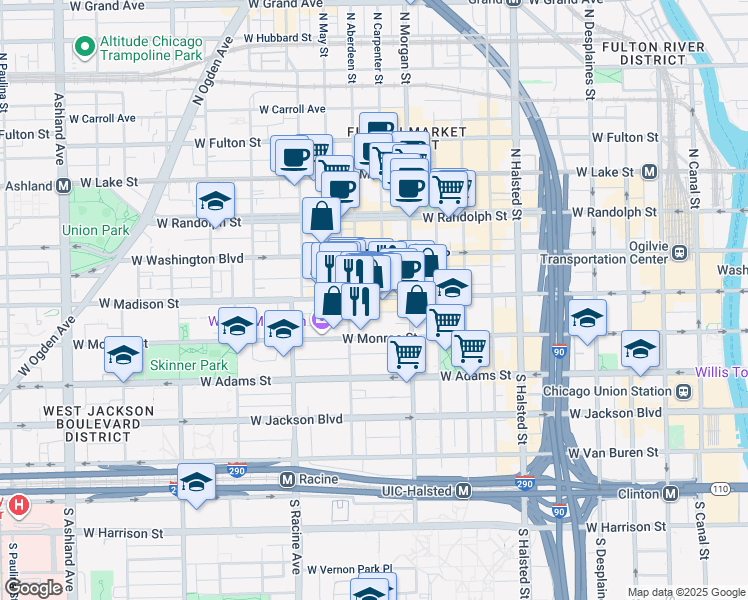 map of restaurants, bars, coffee shops, grocery stores, and more near 1051 West Madison Street in Chicago