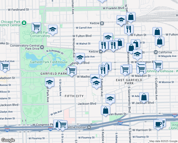 map of restaurants, bars, coffee shops, grocery stores, and more near 3249 West Warren Boulevard in Chicago
