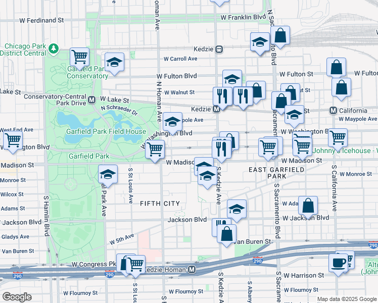 map of restaurants, bars, coffee shops, grocery stores, and more near 3249 West Warren Boulevard in Chicago