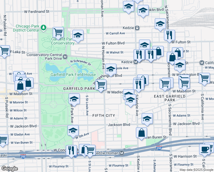 map of restaurants, bars, coffee shops, grocery stores, and more near 3359 West Warren Boulevard in Chicago
