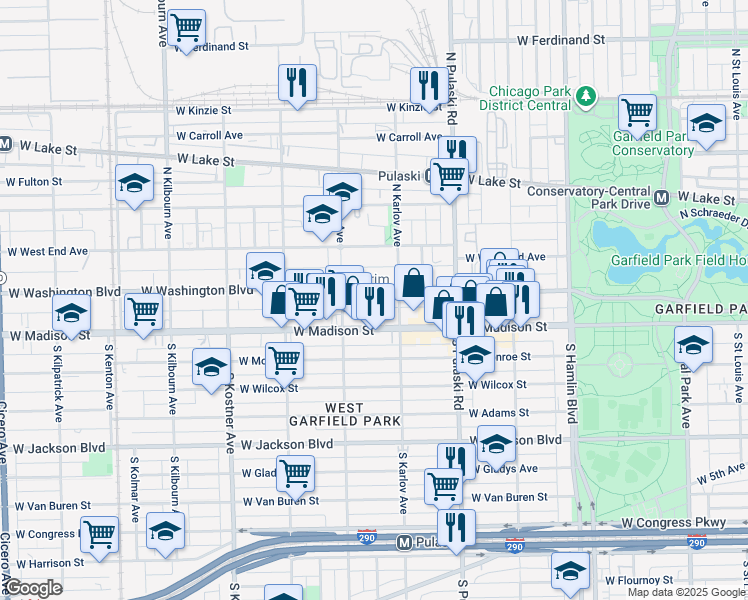 map of restaurants, bars, coffee shops, grocery stores, and more near 4129 West Washington Boulevard in Chicago