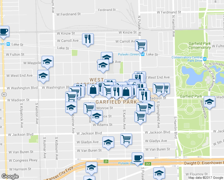 map of restaurants, bars, coffee shops, grocery stores, and more near 4159 West Washington Boulevard in Chicago