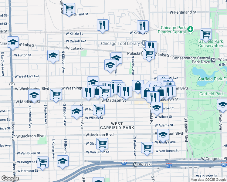 map of restaurants, bars, coffee shops, grocery stores, and more near 4159 West Washington Boulevard in Chicago