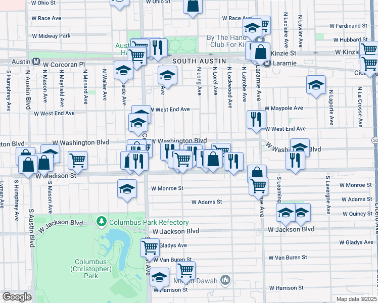 map of restaurants, bars, coffee shops, grocery stores, and more near 38 North Long Avenue in Chicago