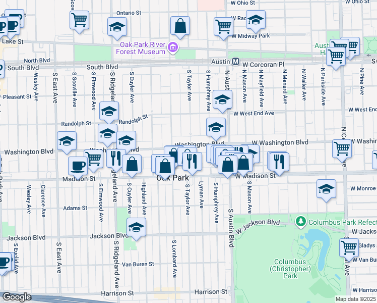 map of restaurants, bars, coffee shops, grocery stores, and more near 111 Washington Boulevard in Oak Park
