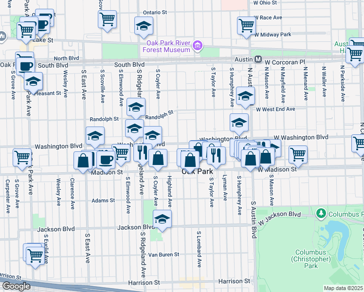map of restaurants, bars, coffee shops, grocery stores, and more near 243 Washington Boulevard in Oak Park