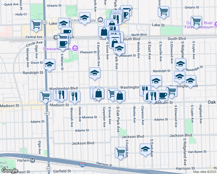 map of restaurants, bars, coffee shops, grocery stores, and more near in Oak Park