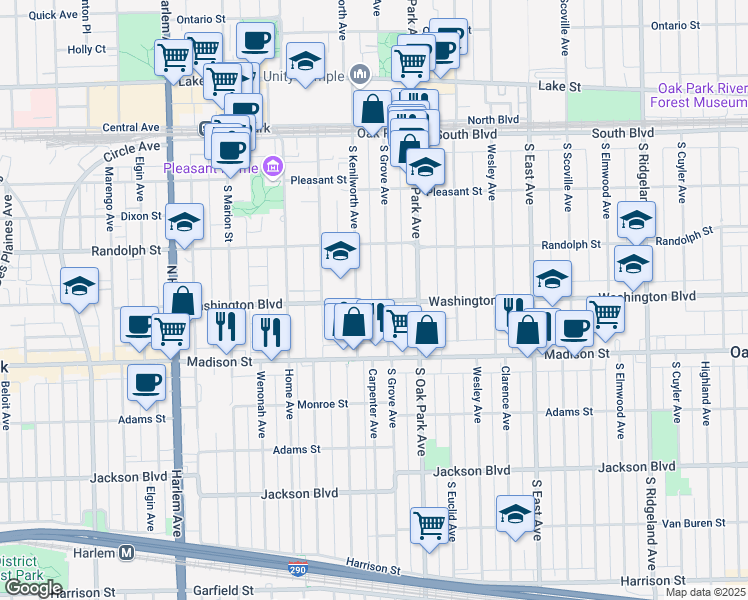 map of restaurants, bars, coffee shops, grocery stores, and more near 853 Washington Boulevard in Oak Park