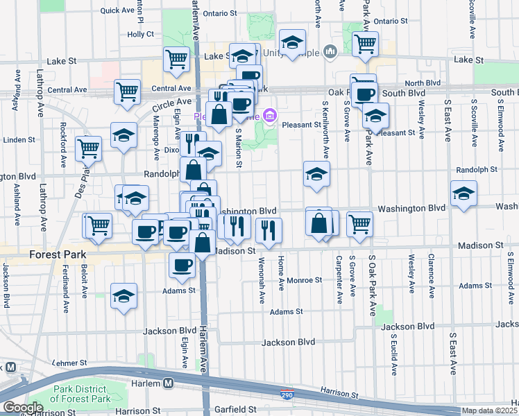 map of restaurants, bars, coffee shops, grocery stores, and more near 1020 Washington Boulevard in Oak Park