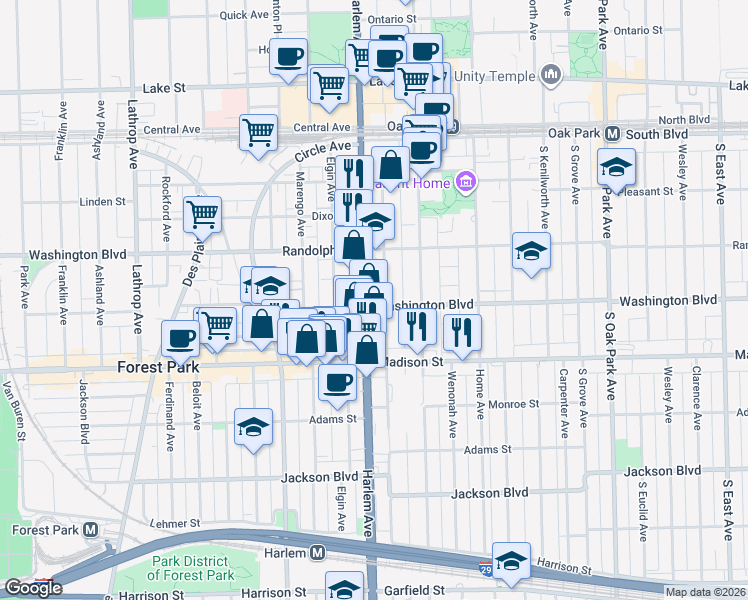 map of restaurants, bars, coffee shops, grocery stores, and more near 344 South Maple Avenue in Oak Park