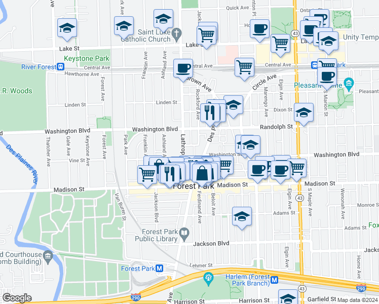 map of restaurants, bars, coffee shops, grocery stores, and more near 244 Lathrop Avenue in Forest Park