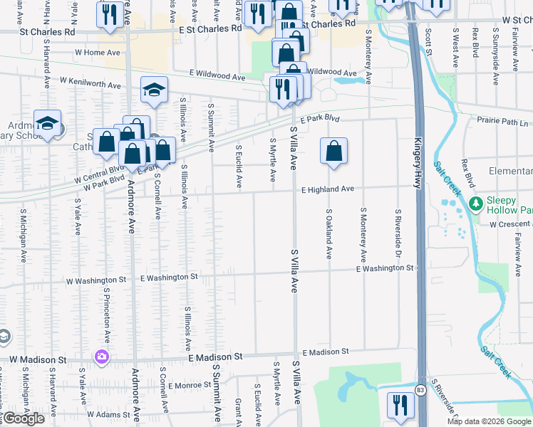 map of restaurants, bars, coffee shops, grocery stores, and more near 435 South Euclid Avenue in Villa Park