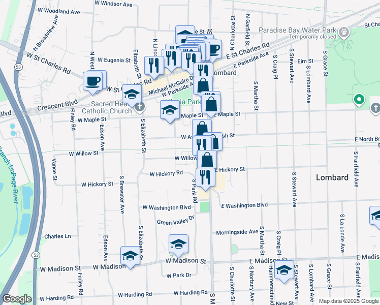 map of restaurants, bars, coffee shops, grocery stores, and more near 110 West Willow Street in Lombard