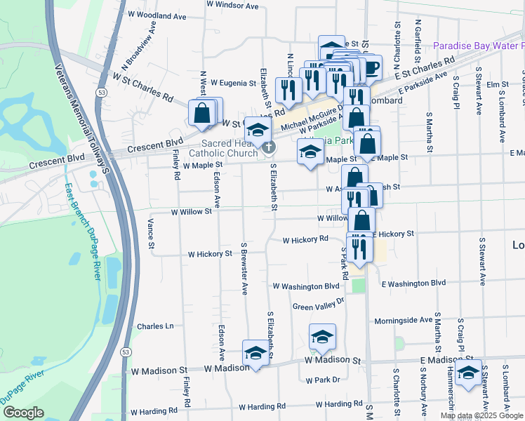 map of restaurants, bars, coffee shops, grocery stores, and more near 326 South Elizabeth Street in Lombard