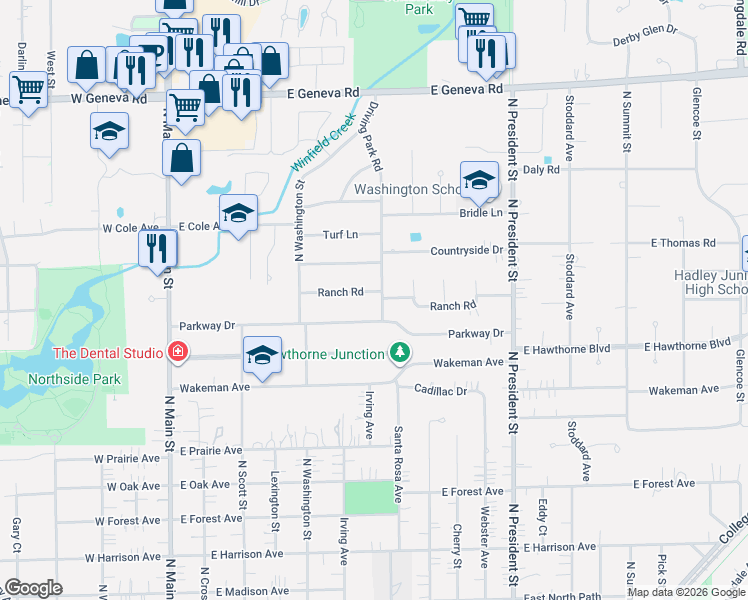 map of restaurants, bars, coffee shops, grocery stores, and more near 532 Ranch Road in Wheaton