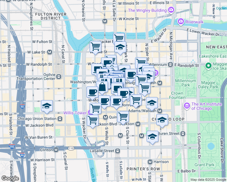 map of restaurants, bars, coffee shops, grocery stores, and more near 10 South LaSalle Street in Chicago