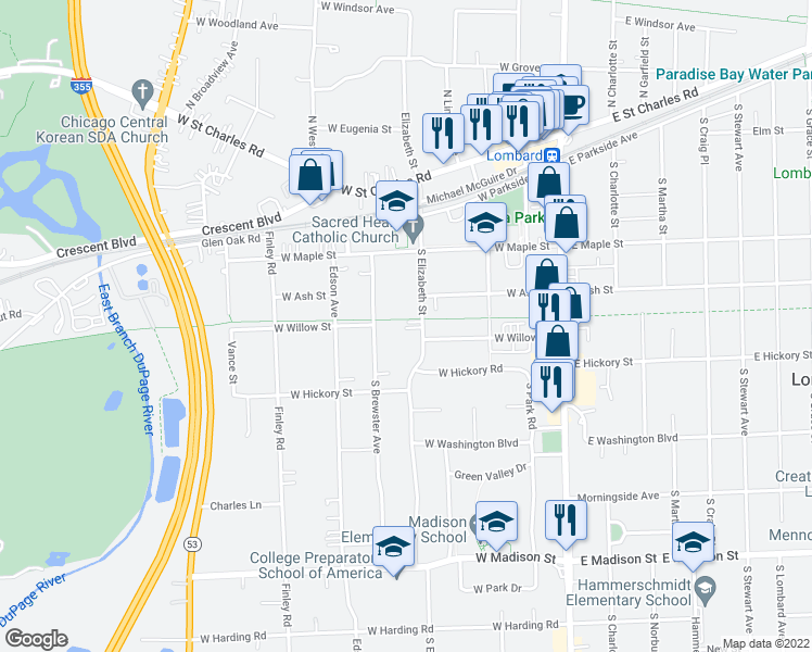 map of restaurants, bars, coffee shops, grocery stores, and more near 326 South Elizabeth Street in Lombard