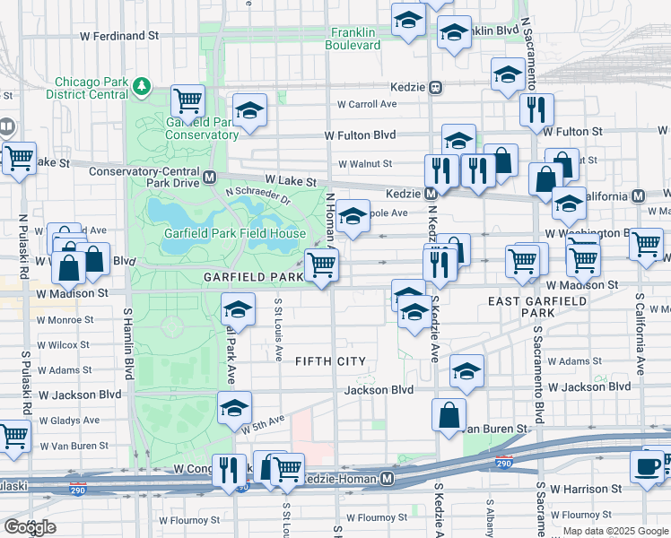 map of restaurants, bars, coffee shops, grocery stores, and more near 3359 West Warren Boulevard in Chicago