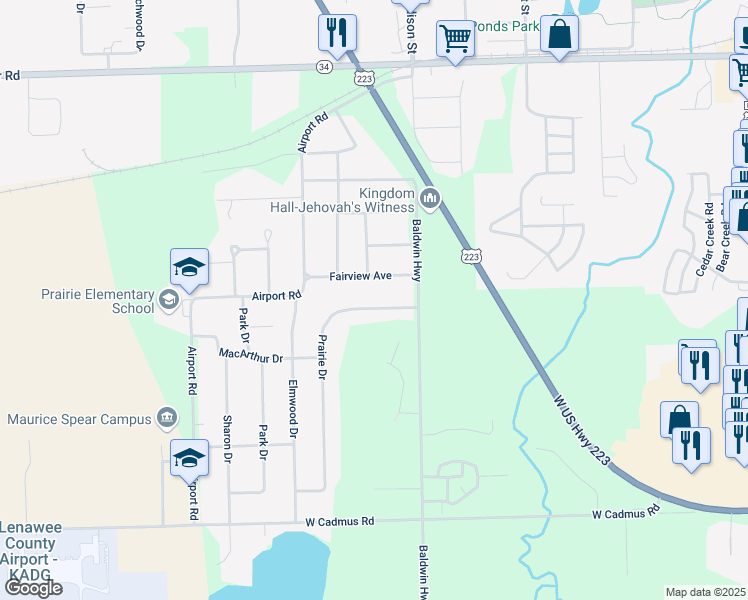 map of restaurants, bars, coffee shops, grocery stores, and more near 2532 Prairie Drive in Adrian