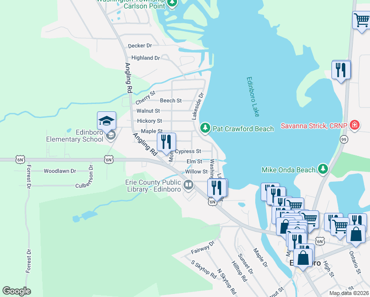 map of restaurants, bars, coffee shops, grocery stores, and more near 202 Cypress St in Edinboro