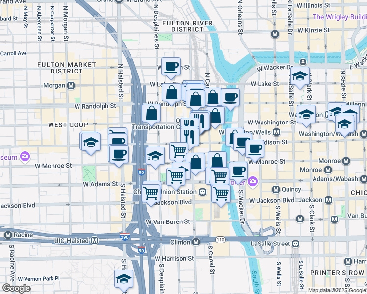 map of restaurants, bars, coffee shops, grocery stores, and more near 555 West Madison Street in Chicago