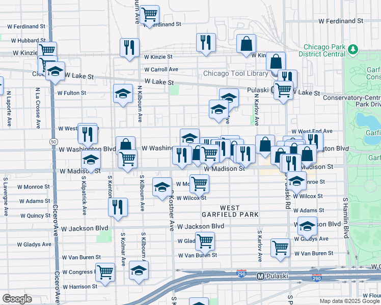 map of restaurants, bars, coffee shops, grocery stores, and more near 4319 West Washington Boulevard in Chicago