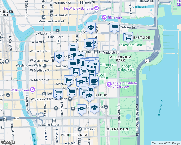 map of restaurants, bars, coffee shops, grocery stores, and more near 60 East Monroe Street in Chicago