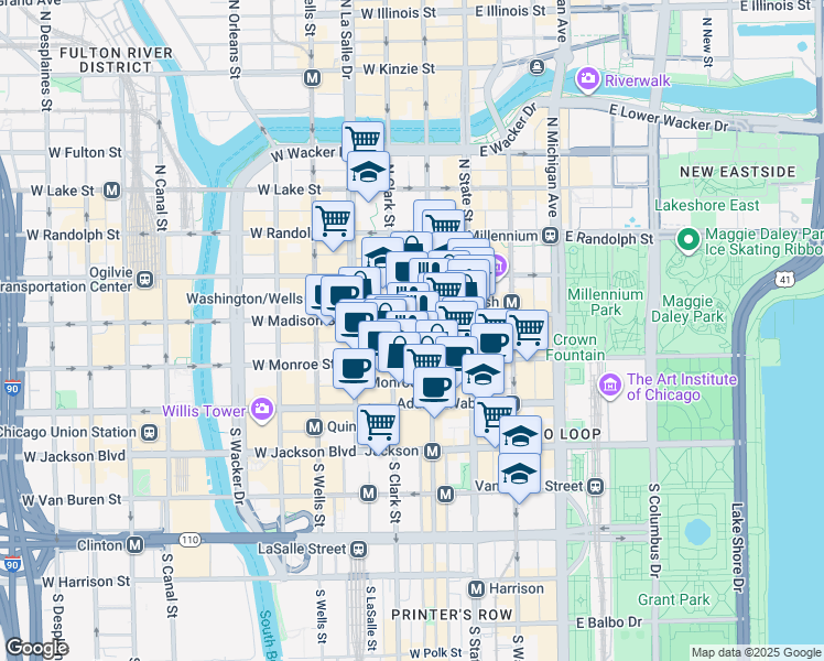 map of restaurants, bars, coffee shops, grocery stores, and more near 10 South Dearborn Street in Chicago