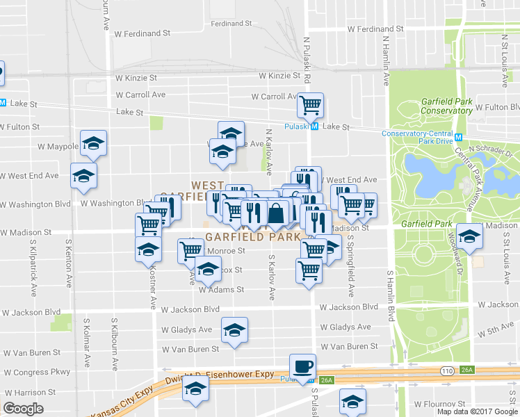 map of restaurants, bars, coffee shops, grocery stores, and more near 4115 West Washington Boulevard in Chicago