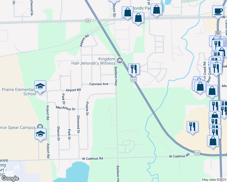 map of restaurants, bars, coffee shops, grocery stores, and more near 2452 Prairie Drive in Adrian