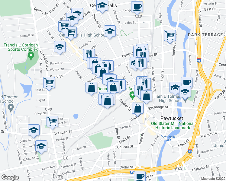 map of restaurants, bars, coffee shops, grocery stores, and more near 235 Dexter Street in Pawtucket
