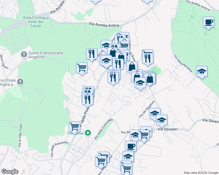map of restaurants, bars, coffee shops, grocery stores, and more near 114 Via dei Gonzaga in Roma