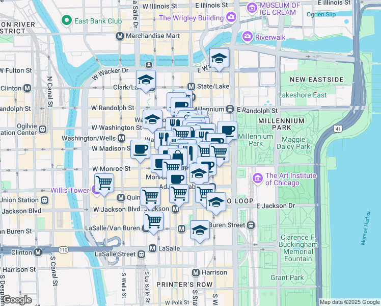 map of restaurants, bars, coffee shops, grocery stores, and more near 10 South State Street in Chicago