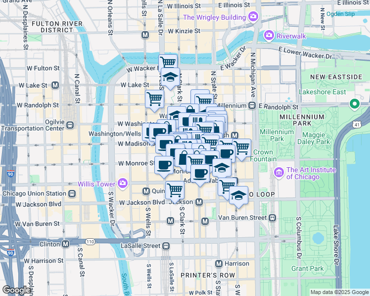 map of restaurants, bars, coffee shops, grocery stores, and more near 10 South Dearborn Street in Chicago