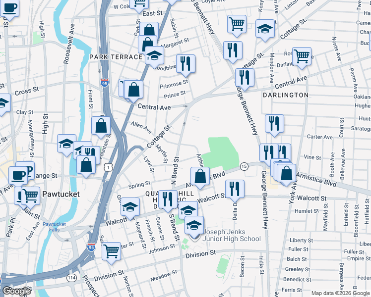 map of restaurants, bars, coffee shops, grocery stores, and more near 100 Arthur Street in Pawtucket