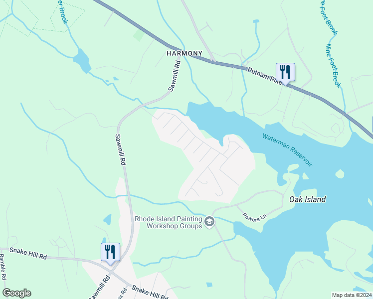 map of restaurants, bars, coffee shops, grocery stores, and more near 34 Oliver Street in Glocester