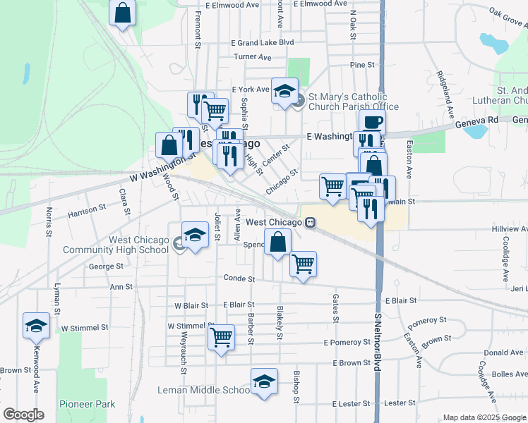 map of restaurants, bars, coffee shops, grocery stores, and more near 205 Parker Avenue in West Chicago