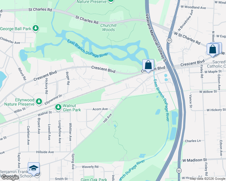 map of restaurants, bars, coffee shops, grocery stores, and more near 14 Walnut Road in Glen Ellyn