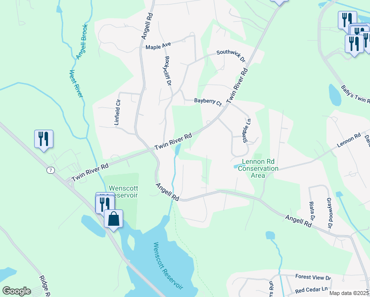 map of restaurants, bars, coffee shops, grocery stores, and more near 266 Twin River Road in Lincoln