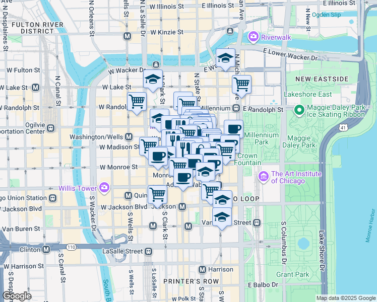 map of restaurants, bars, coffee shops, grocery stores, and more near 7 South Dearborn Street in Chicago