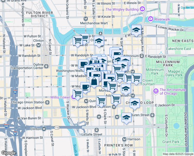 map of restaurants, bars, coffee shops, grocery stores, and more near 100 West Monroe Street in Chicago