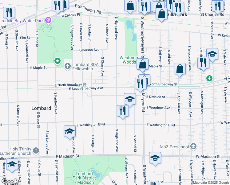 map of restaurants, bars, coffee shops, grocery stores, and more near 314 South Highland Avenue in Lombard