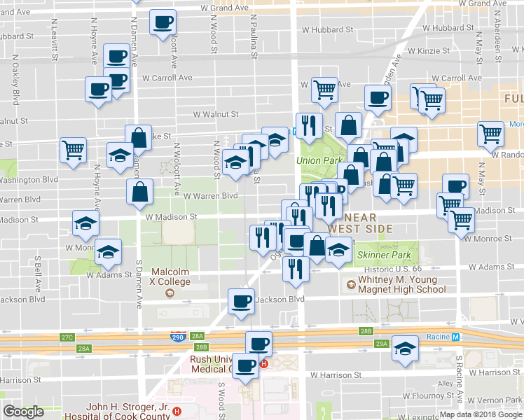 map of restaurants, bars, coffee shops, grocery stores, and more near 1666 West Madison Street in Chicago