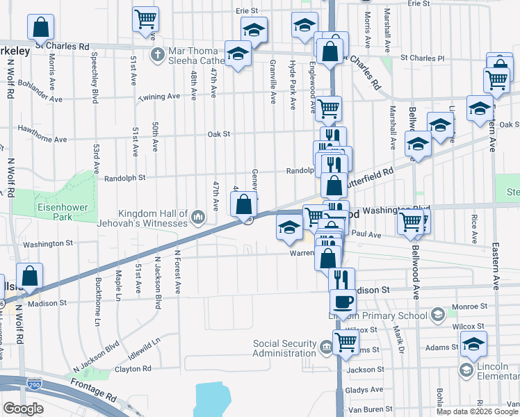 map of restaurants, bars, coffee shops, grocery stores, and more near 543 Geneva Avenue in Bellwood