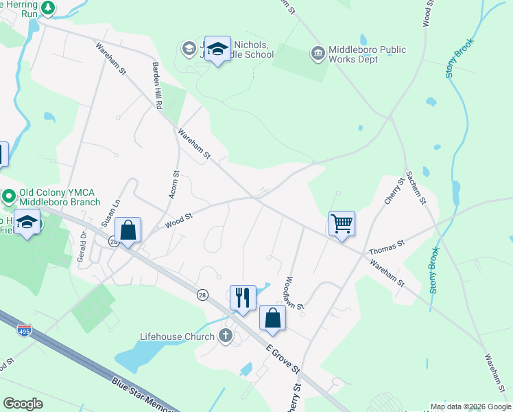 map of restaurants, bars, coffee shops, grocery stores, and more near 170 Wareham Street in Middleborough