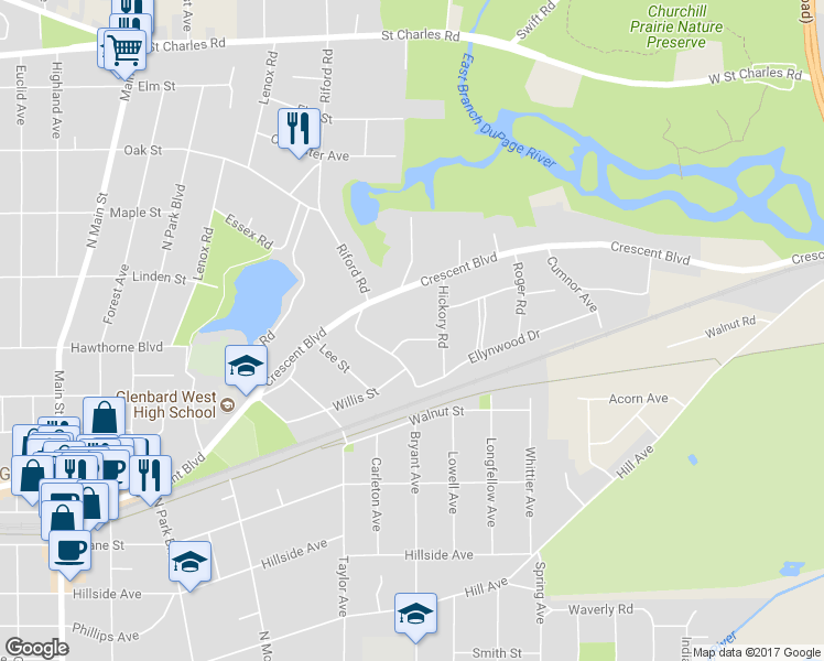 map of restaurants, bars, coffee shops, grocery stores, and more near 800 Edgewood Drive in Glen Ellyn