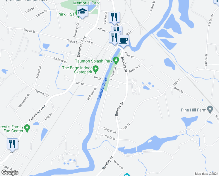 map of restaurants, bars, coffee shops, grocery stores, and more near 80 East Water Street in Taunton